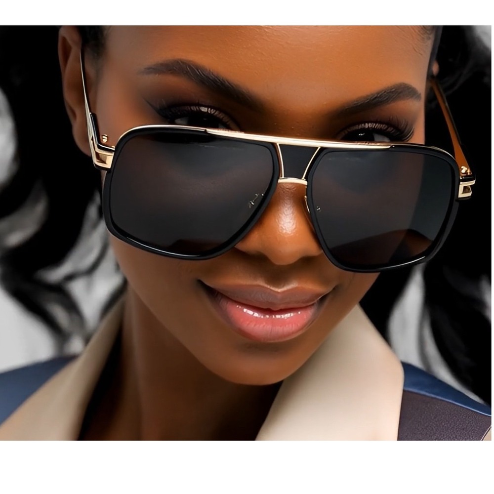 Women Sunglasses Rectangular Stylish Black Gold Designer Style UV Protection New - Picture 9 of 11